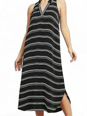 Anthropologie Black & White Striped Maxi Dress V-Neck Side Slit Size L